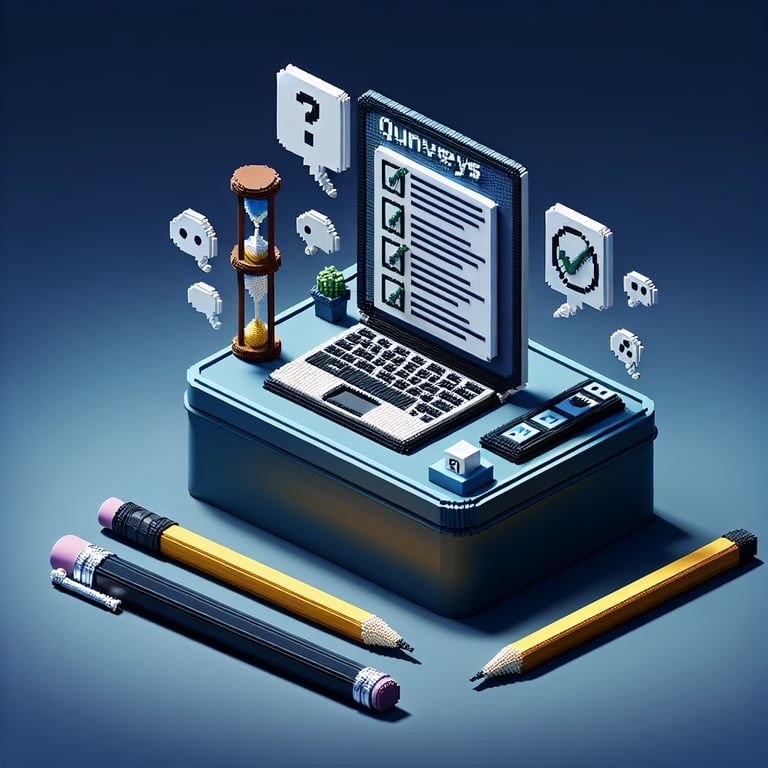 3D voxel art depicting the concept of online Alzheimer's survey questions on a dark blue background.