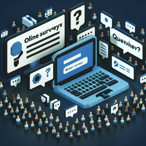 3D voxel art depicting the concept of online webinar surveys on a dark blue background.