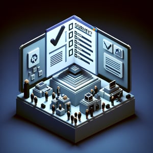 3D voxel art depicting online surveys, ideal for new employee orientation, set against a dark blue background.