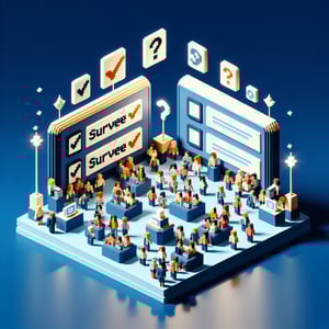 3D voxel art depicting online community center surveys on a dark blue background.