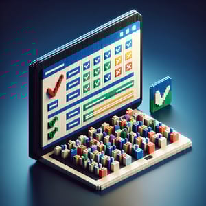 3D voxel art depicting online comment card surveys with a dark blue background.