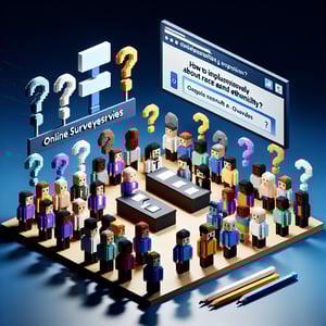 3D voxel art depicting the process of creating online surveys about race and ethnicity.