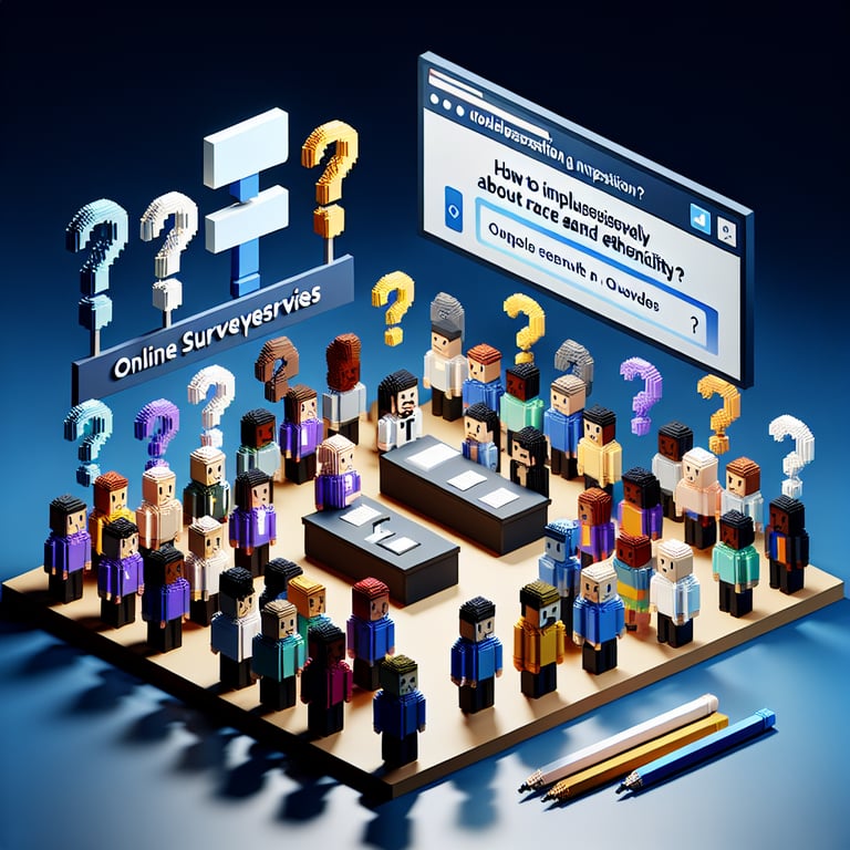 3D voxel art depicting the process of creating online surveys about race and ethnicity.