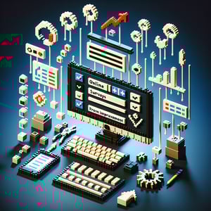 3D voxel art depicting online process improvement surveys on a dark blue background.