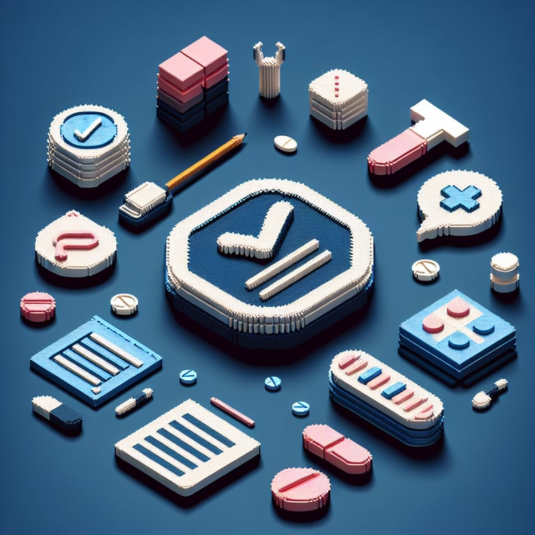 Creative 3D voxel artwork depicting a digital birth control survey interface