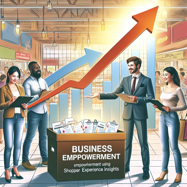 Illustration depicting business empowerment through Shopper Experience survey questions.