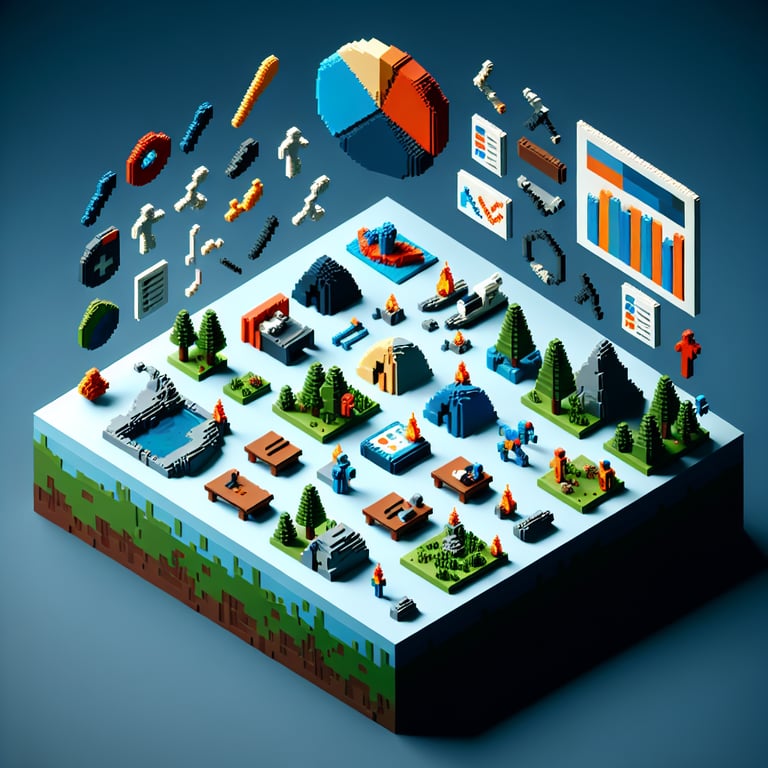 3D voxel art depicting online outdoor recreation surveys on a dark blue background.