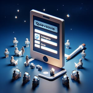3D voxel art depicting online surveys, emphasizing remote work survey questions, set against a dark blue background.