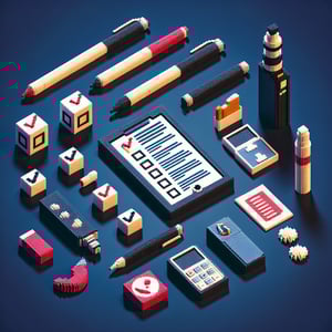 3D voxel art depicting online nicotine survey process on a dark blue background.