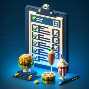 3D voxel art depicting online food service survey concept on a dark blue background.
