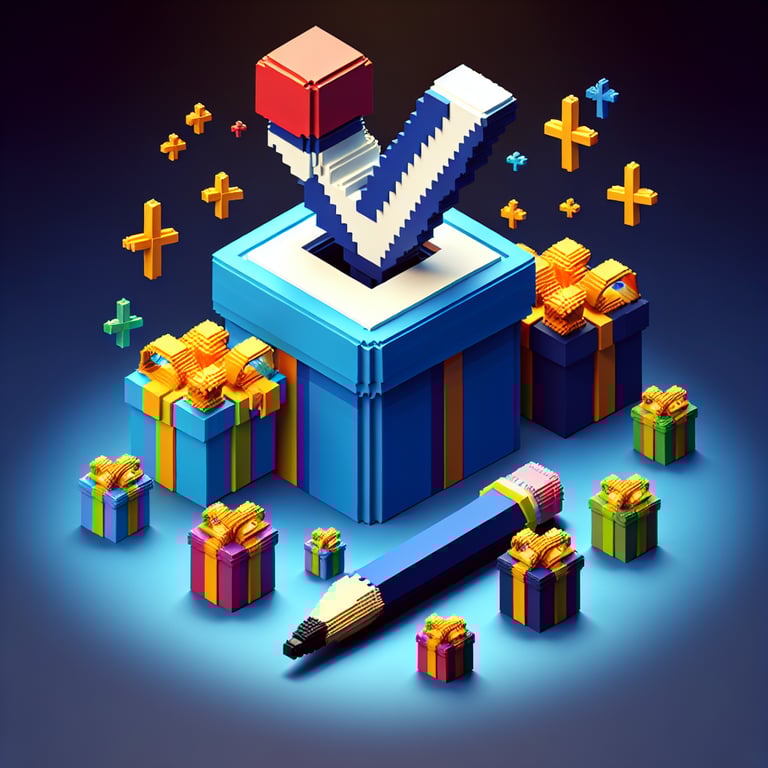 3D voxel art depicting the concept of online gift surveys against a dark blue background.