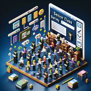 3D voxel art depicting online senior class surveys on a dark blue background.