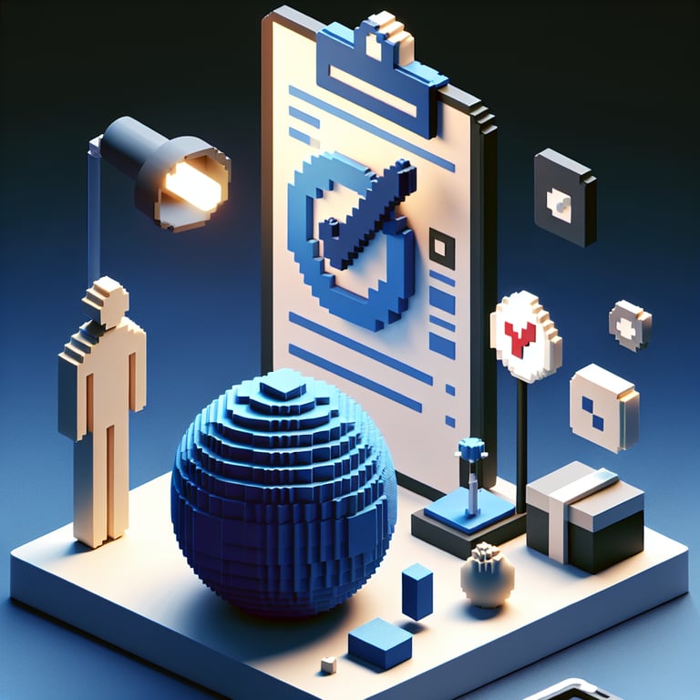 3D voxel art depicting online physical therapy survey concept on a dark blue background.