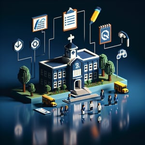 3D voxel art depicting online school psychology surveys on a dark blue background.