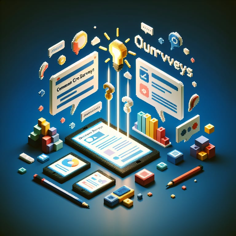 3D voxel art depicting online surveys on a dark blue background, symbolizing common core survey questions.
