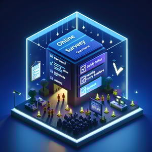 3D voxel art depicting online surveys, symbolizing AHRQ culture of safety surveys on a dark blue background.