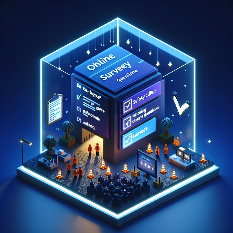3D voxel art depicting online surveys, symbolizing AHRQ culture of safety surveys on a dark blue background.