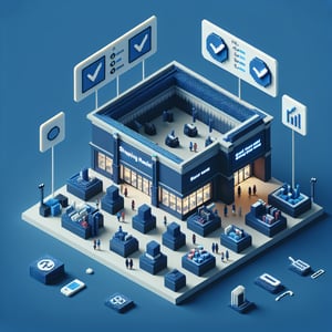 3D voxel art depicting the concept of online shopping mall surveys on a dark blue background.