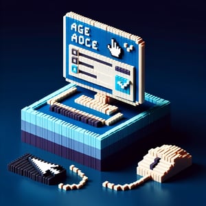 3D voxel art depicting online age-related survey creation on a dark blue background.