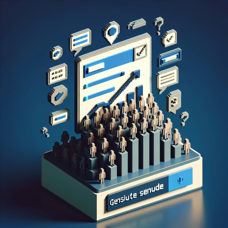 3D voxel art depicting online surveys and questions on a dark blue background.