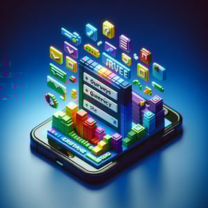 3D voxel art depicting online survey concept on a dark blue background, relevant to entertainment mobile apps.