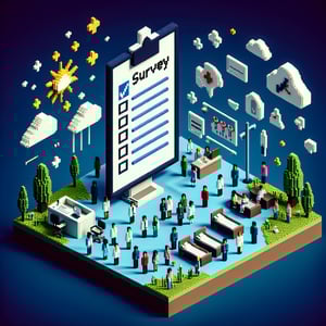 3D voxel art depicting online health clinic surveys on a dark blue background.