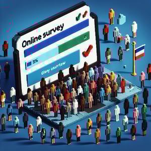 3D voxel art depicting the concept of online race survey questions on a dark blue background.