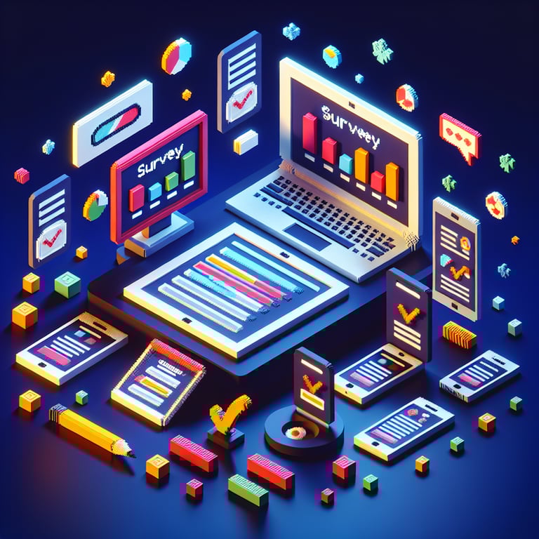 3D voxel art illustrating online surveys, questions, and nonprofit needs on a dark blue background.
