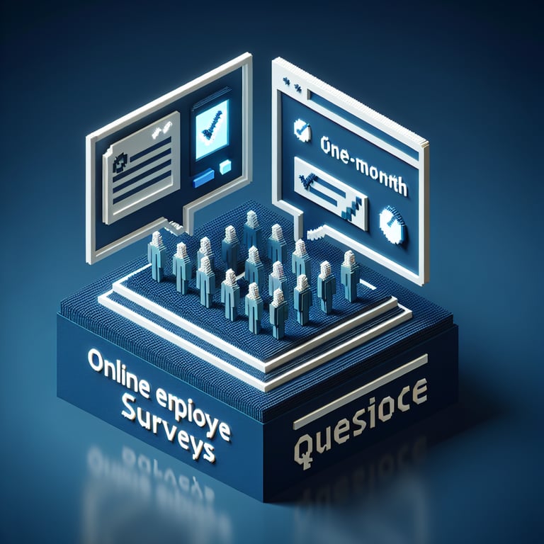 3D voxel art depicting an online survey concept, set against a dark blue background.