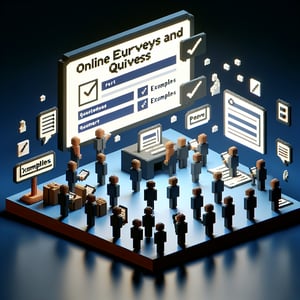 3D voxel art illustrating the concept of online event example surveys on a dark blue background.