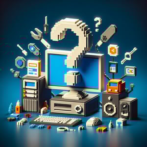 3D voxel art depicting online computer repair surveys, featuring dark blue background.