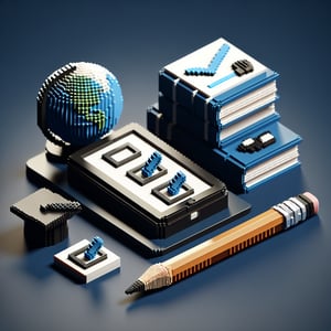 3D voxel art depicting online education surveys against a dark blue background.