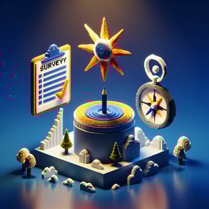 3D voxel art depicting online surveys, symbolizing 360 leadership survey questions on a dark blue background.