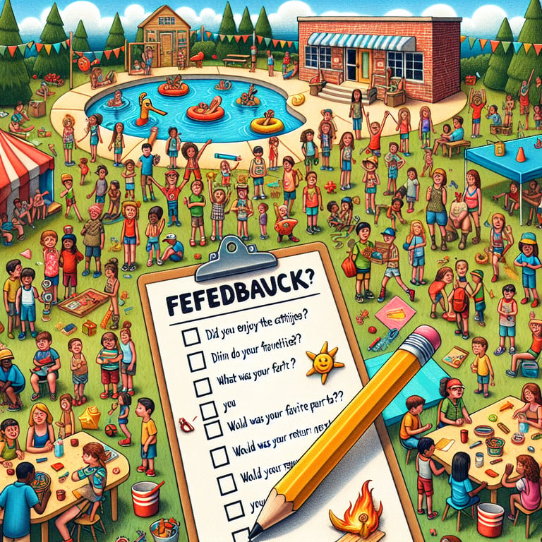 Illustration showcasing important Summer Camp Feedback survey questions.