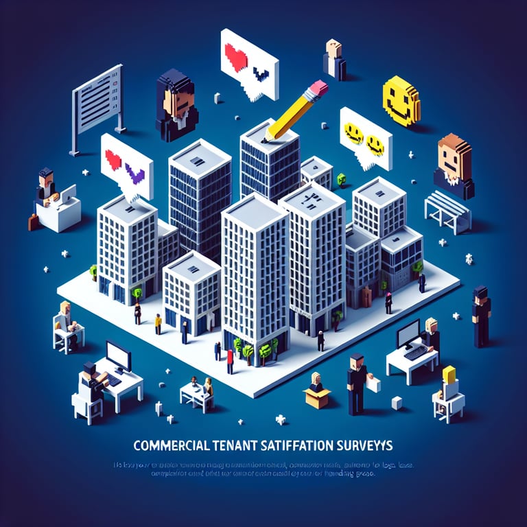 3D voxel art depicting the concept of online commercial tenant satisfaction surveys on a dark blue background.