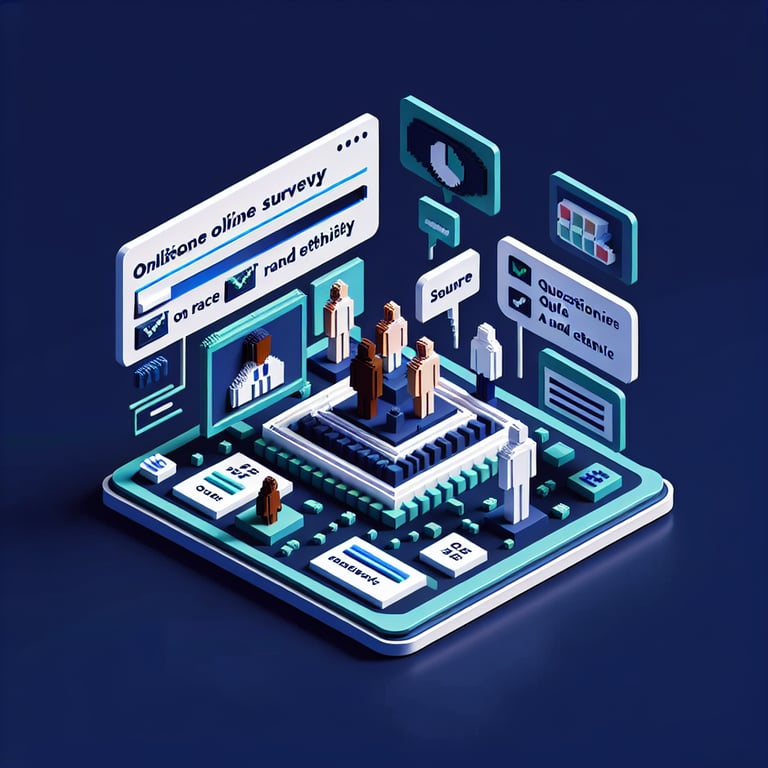 3D voxel art depicting online surveys on race and ethnicity against a dark blue background.