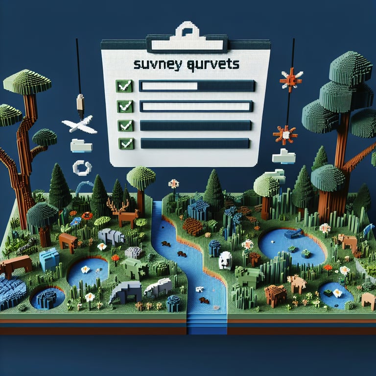 3D voxel art depicting online environmental awareness survey, with a dark blue background.