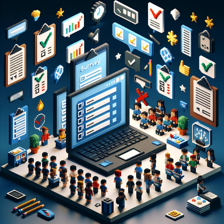 3D voxel art depicting online surveys, representing K-12 education in the Philippines on a dark blue background.
