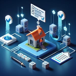 3D voxel art depicting an online survey concept, set against a dark blue background, relevant to real estate closing clients.