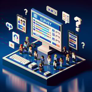 3D voxel art depicting online personality type surveys on a dark blue background.