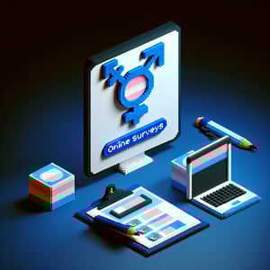 3D voxel art depicting online transgender surveys with a dark blue background.