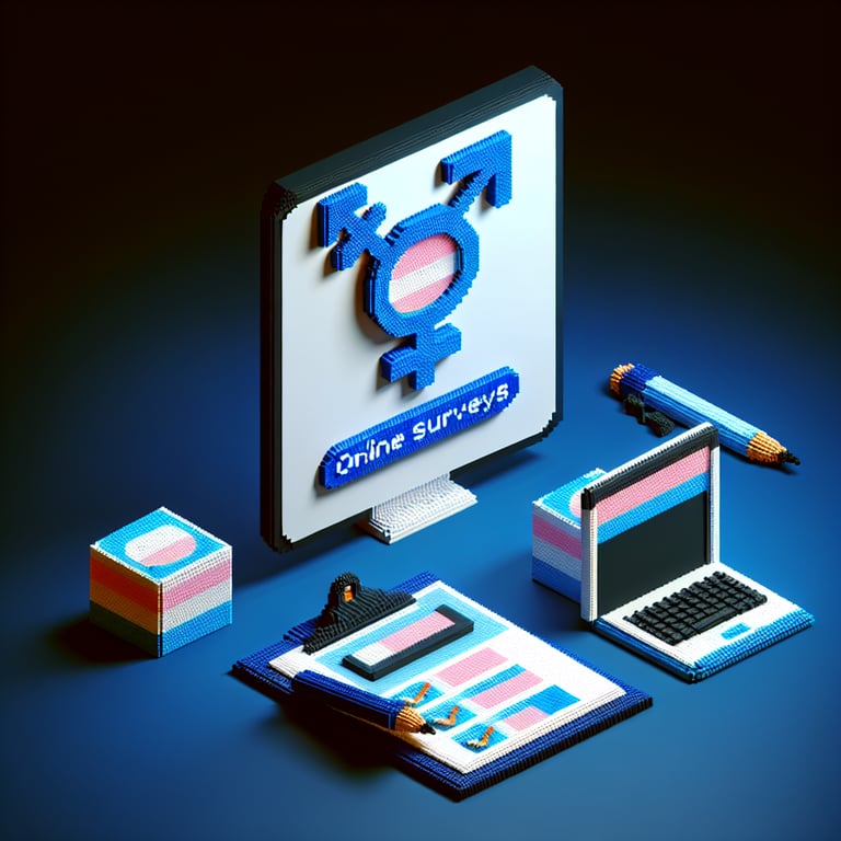 Artistic 3D voxel art of a transgender survey dashboard in azure tones
