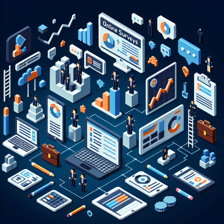 3D voxel art depicting online career goals survey concept on a dark blue background.