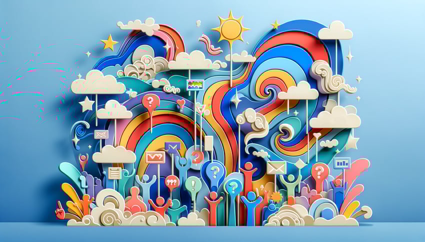 Paper-cut style illustration depicting a live poll maker with question templates and interactive elements for events.