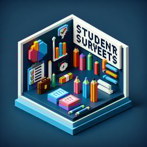 3D voxel art depicting online surveys, symbolizing career fair student survey questions.