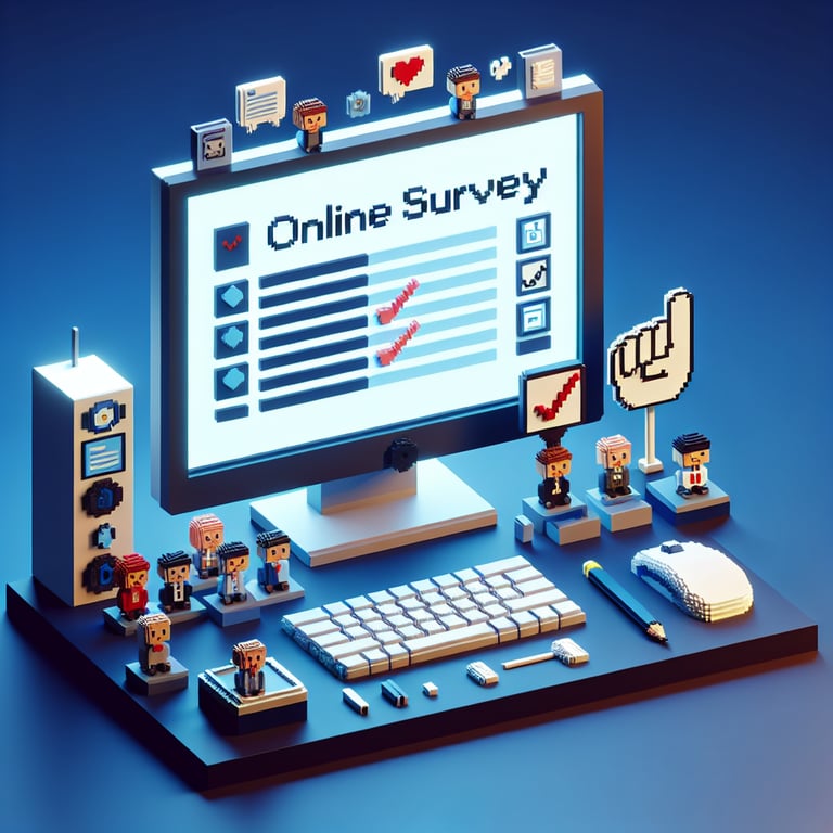 3D voxel art depicting online customer satisfaction surveys on a dark blue background.