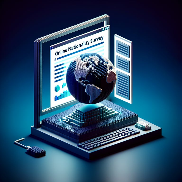 3D voxel art depicting online nationality survey with dark blue background.