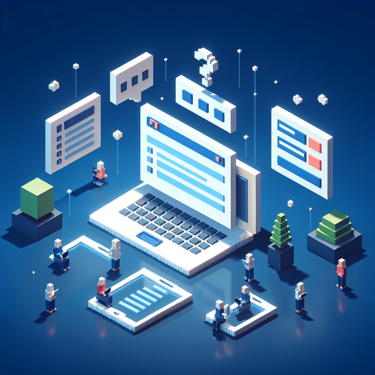 3D voxel art depicting the concept of online POC survey questions on a dark blue background.
