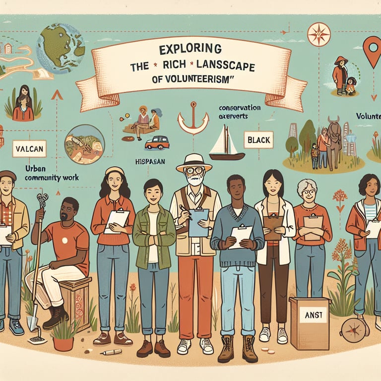 Illustration of key topics in Volunteers survey questions within the landscape of volunteerism.