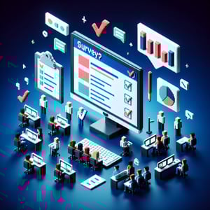 3D voxel art depicting online ESL surveys with dark blue background.